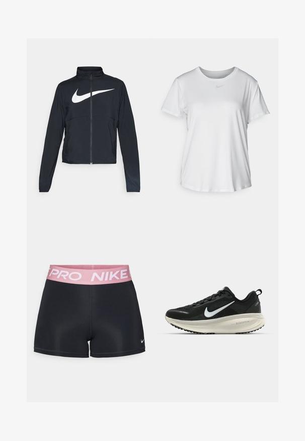 Fekete, teljes cipzáros sportdzseki magas gallérral, hosszú ujjal, amelyen egy nagy, fehér Nike logó található a mellkason.; Fehér, rövid ujjú póló sima anyagból, kerek nyakkivágással és egy kis szürke Nike logóval a mellkason.; Fekete sportnadrág rózsaszín elasztikus derékkal, amelyen a "NIKE PRO" felirat található. Sima, rugalmas anyagból készült, testhez álló fazonnal.; Fekete Nike futócipő légáteresztő hálós felsőrésszel, fehér Swoosh logóval, textúrázott részletekkel és krém színű ZoomX középtalppal.