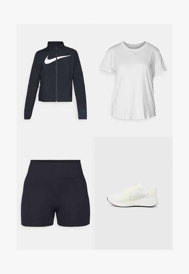 Veste de sport noire zippée sur toute la longueur avec un col haut, des manches longues et un grand logo Nike swoosh blanc sur la poitrine.; T-shirt blanc à manches courtes en tissu lisse, avec un col rond et un petit logo Nike gris sur la poitrine.; Shorts de sport noirs taille haute, fabriqués en tissu extensible. Caractérisés par une texture douce et des lignes épurées avec un design simple.; Nike Performance DOWNSHIFTER 13 - Chaussures de running sur route - sail/silver-coloured photon dust/summit white/barely volt/black