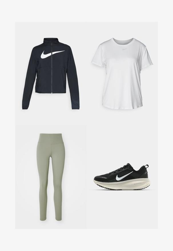 Čierna športová bunda na zips s vysokým golierom, dlhými rukávmi a veľkým bielym logom Nike na hrudi.; Biela krátkosrstá tričko s hladkým materiálom, so zaobleným výstrihom a malým šedým logom Nike na hrudi.; Olivovo zelené legíny s vysokým pásom, hladkou textúrou a priliehavým dizajnom. Obsahujú bezšvové švy a žiadne viditeľné kovanie.; Čierne bežecké topánky Nike s priedušnou sieťovinou, bielym logom s symbolom swoosh, textúrovanými detailmi a krémovou ZoomX medzipodrážkou.