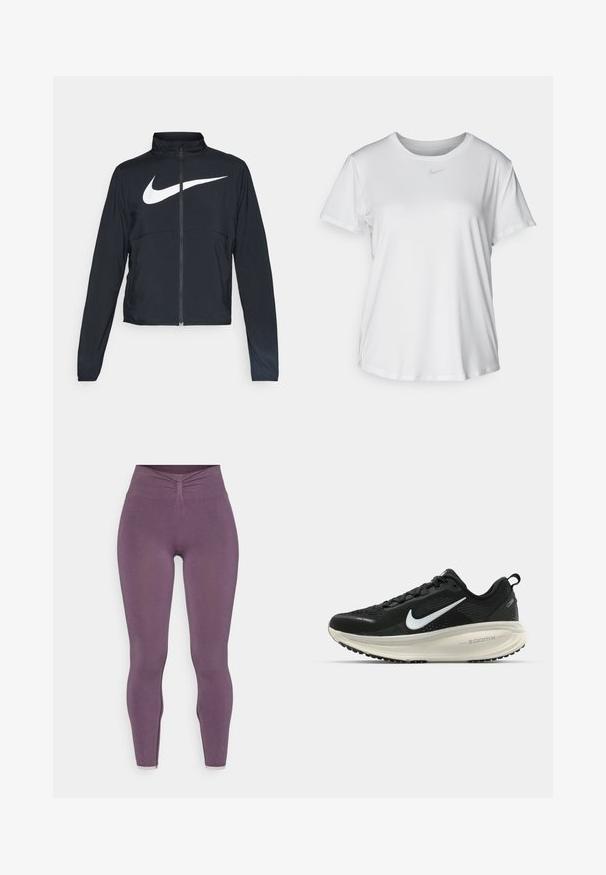 Črna športna jakna z polnim zadrgo, visokim ovratnikom, dolgimi rokavi in velikim belim logotipom Nike swoosh čez prsi.; Bela kratka majica s kratkimi rokavi, izdelana iz gladkega blaga, z okroglim izrezom in majhnim sivim logotipom Nike na prsih.; Yogasearcher CHENDA SEAMLESS LEGGING - Pajkice - topaze; Črne Nike tekaške čevlje z zračno mrežno zgornjim delom, belim logotipom Swoosh, teksturiranimi detajli in smetanasto barvnim srednjim delom ZoomX.