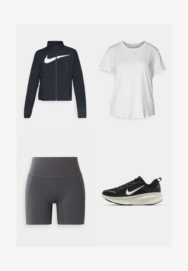 Svart joggebund med hel glidelås, høy krage, lange ermer og stort hvitt Nike swoosh-logo over brystet.; Hvit kortermet T-skjorte laget av glatt stoff, med rund halsringning og en liten grå Nike-logo på brystet.; Grå treningsshorts med høy midje, laget av glatt, elastisk stoff. Har flatlock-sømmer og en tettsittende design.; Svart Nike løpesko med pustende mesh-overdel, hvit swoosh-logo, teksturert detaljer og en kremfarget ZoomX mellomsåle.