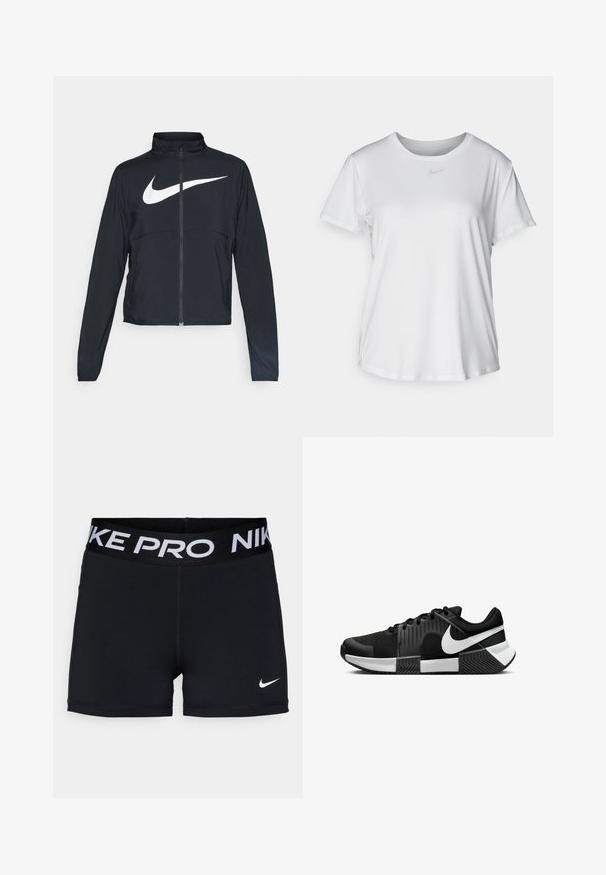 Fekete, teljes cipzáros sportdzseki magas gallérral, hosszú ujjal, amelyen egy nagy, fehér Nike logó található a mellkason.; Fehér, rövid ujjú póló sima anyagból, kerek nyakkivágással és egy kis szürke Nike logóval a mellkason.; Fekete sportnadrág széles derekú gumival, melyen fehér "NIKE PRO" felirat található, sima textúrával és egy kis fehér Nike logóval az oldalon.; Fekete sportcipők hálós felsőrésszel, strukturált oldalsó panelekkel és fehér kiemelésekkel. A talpa osztott, gumikkal borított tapadásmintával.