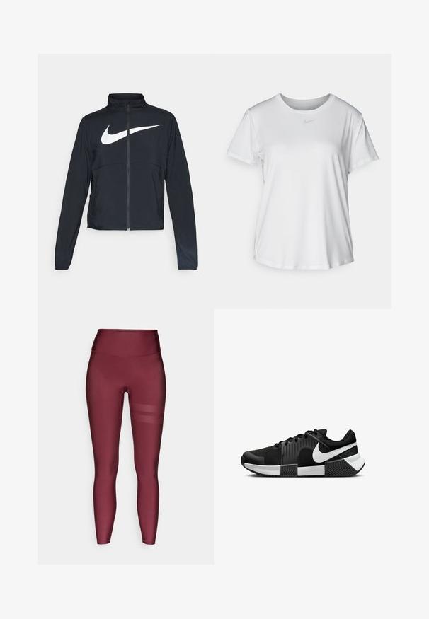 Sort fuld-zip sportsjakke med høj krave, lange ærmer og stort hvidt Nike swoosh-logo på brystet.; Hvid kortærmet T-shirt lavet af glat materiale, med en rund halsudskæring og et lille gråt Nike-logo på brystet.; Bordeaux farvet leggings i fuld længde med en høj talje, lavet af glat, strækbart materiale, med vandrette mesh-striber på siden.; Sorte sportssko med en mesh-overdel, tekstureret sidepanel og hvide detaljer. Sålen er opdelt med et gummibaseret grebs mønster.
