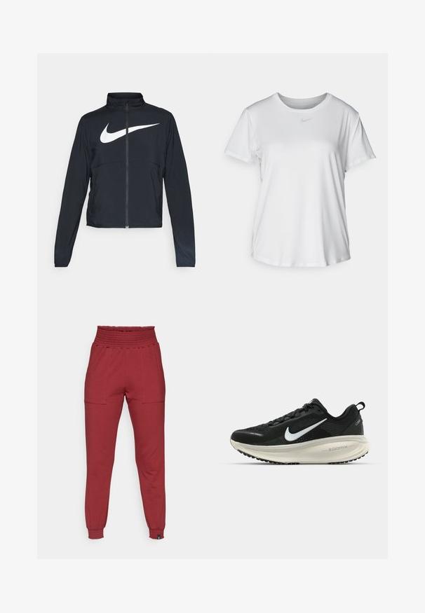 Melnā sporta jaka ar pilnu rāvējslēdzēju, augstu apkakli, garām piedurknēm un lielu baltu Nike swoosh logotipu krūšu daļā.; Balta īsām piedurknēm T-kreklā, kas izgatavota no gludas auduma, ar apaļo kakla izgriezumu un mazu pelēku Nike logo uz krūšu.; Augstās jostas sarkanas jogger bikses ar elastīgu jostu un aprocēm, ar priekšējiem kabatas ieliktņiem un šauru, sašaurinātu piegriezumu.; Melnas Nike skriešanas kurpes ar elpojošu acs augšdaļu, baltu Swoosh logotipu, strukturētu apdari un krēmkrāsas ZoomX starpsole.