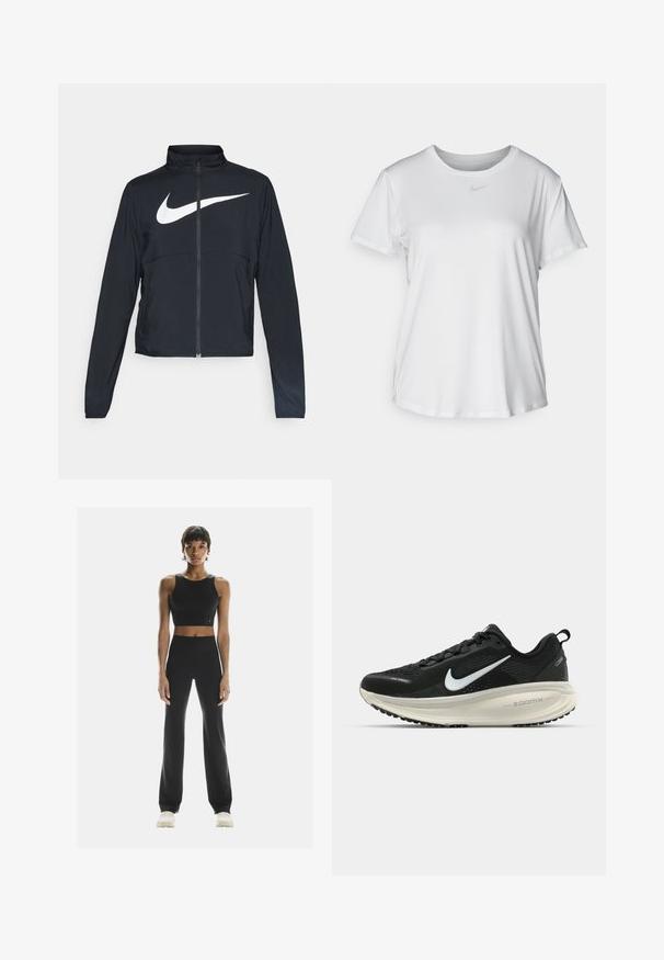 Melnā sporta jaka ar pilnu rāvējslēdzēju, augstu apkakli, garām piedurknēm un lielu baltu Nike swoosh logotipu krūšu daļā.; Balta īsām piedurknēm T-kreklā, kas izgatavota no gludas auduma, ar apaļo kakla izgriezumu un mazu pelēku Nike logo uz krūšu.; On STUDIO  - Legingi - black; Melnas Nike skriešanas kurpes ar elpojošu acs augšdaļu, baltu Swoosh logotipu, strukturētu apdari un krēmkrāsas ZoomX starpsole.