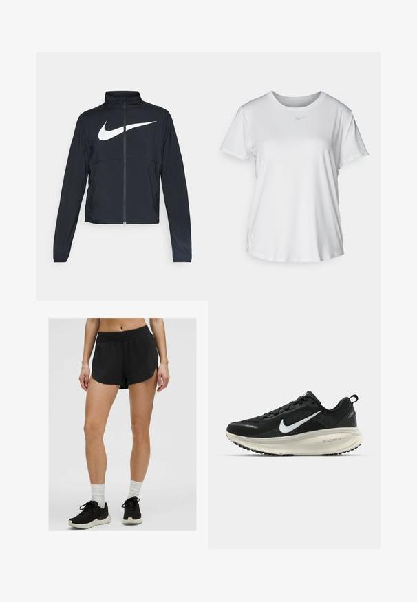 Chaqueta deportiva negra de cremallera completa con cuello alto, mangas largas y gran logo de Nike en blanco en el pecho.; Camiseta blanca de manga corta hecha de tejido suave, con un escote redondo y un pequeño logo de Nike gris en el pecho.; Shorts deportivos negros con cintura elástica, de corte holgado y con aberturas laterales; combinados con zapatillas deportivas negras y calcetines blancos de caña corta.; Zapatilla de running Nike negra con parte superior de malla transpirable, logo Swoosh blanco, detalles texturizados y una entresuela ZoomX de color crema.