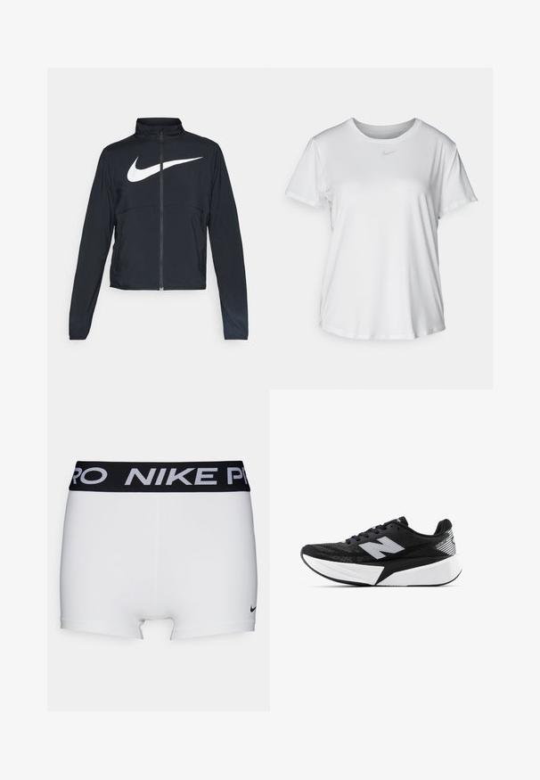 Zwarte sportjas met volledige rits, hoge kraag, lange mouwen en groot wit Nike swoosh-logo op de borst.; Witte T-shirt met korte mouwen van gladde stof, met een ronde halslijn en een klein grijs Nike-logo op de borst.; Witte sportieve shorts met een zwarte Nike Pro tailleband. Beschikt over een gladde textuur en een klein zwart Nike-logo nabij de zoom.; Zwart-witte New Balance hardloopschoen met een dikke zool, bovenwerk van mesh en het "N"-logo aan de zijkant, bekeken vanaf de buitenzijde.