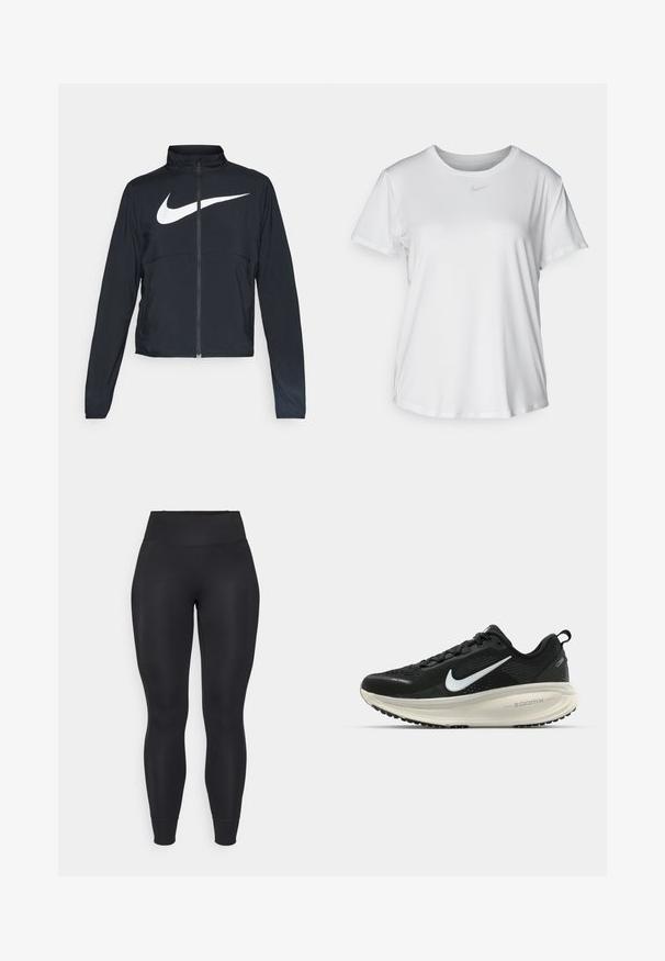 Crna sportska jakna s punim patentnim zatvaračem, visokim ovratnikom, dugim rukavima i velikim bijelim Nike swoosh logom preko grudi.; Bijela majica kratkih rukava od glatkog materijala, s okruglim izrezom i malim sivim Nike logom na prsima.; Crne tajice od elastične tkanine, s visokim strukom, suženim nogavicama i rukavima na dnu, s glatkom, mat teksturom.; Crne Nike trkačke tenisice s prozračnom mrežastom gornjom konstrukcijom, bijelim swoosh logotipom, teksturiranim detaljima i kremastom ZoomX srednjom potplatnom jedinicom.
