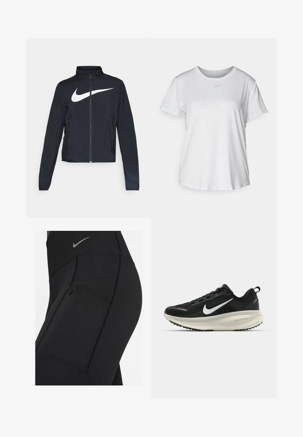 Fekete, teljes cipzáros sportdzseki magas gallérral, hosszú ujjal, amelyen egy nagy, fehér Nike logó található a mellkason.; Fehér, rövid ujjú póló sima anyagból, kerek nyakkivágással és egy kis szürke Nike logóval a mellkason.; Fekete, magas derekú leggings rugalmas anyagból, cipzáras zsebbel és kontrasztos varrásokkal. Ezüst Nike logó a derékon.; Fekete Nike futócipő légáteresztő hálós felsőrésszel, fehér Swoosh logóval, textúrázott részletekkel és krém színű ZoomX középtalppal.