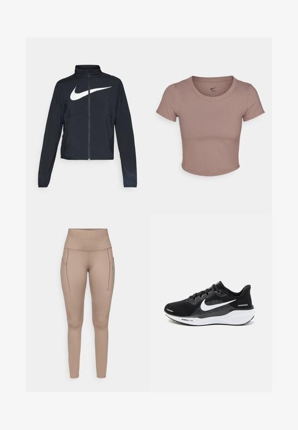 Jachetă sport neagră cu fermoar pe toată lungimea, guler înalt, mâneci lungi și un logo mare alb Nike swoosh pe piept.; Tricou scurt maro, confecționat dintr-un material neted, cu decolteu rotund și mâneci scurte. Logo-ul Nike imprimat pe interiorul gulerului.; Tighturi atletice bej cu talie înaltă, având două buzunare laterale și un material neted, elastic. Detaliu subtil al logo-ului în gri.; Pantof de atletism negru, cu un superior din plasă, un logo Nike alb și o talpă albă cu amortizare, având detalii texturate.