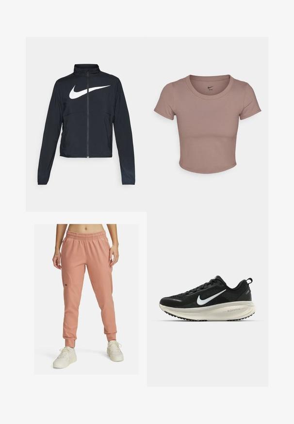 Sort fuld-zip sportsjakke med høj krave, lange ærmer og stort hvidt Nike swoosh-logo på brystet.; Brun cropped t-shirt lavet af glat stof, med rund halsudskæring og korte ærmer. Nike-logo trykt inde i kraven.; Lyserøde atletiske joggers med elastisk talje, taret bendesign, tonalt syning og et lille sort logo på venstre lår.; Sort Nike løbesko med åndbart mesh-overdel, hvidt swoosh-logo, tekstureret detaljering og en cremede ZoomX mellemsål.