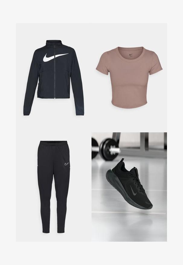 Juodas sportinis džemperis su visiškai užtraukiama užtrauktuku, aukšta apykakle, ilgomis rankovėmis ir dideliu baltu Nike swoosh logotipu per krūtinę.; Ruda trumpa marškinėliai, pagaminti iš lygaus audinio, su apvali kaklo linija ir trumpomis rankovėmis. Nike logotipas atspausdintas ant apykaklės vidinės pusės.; Juodi sportiniai kelnių modeliai, pagaminti iš lengvos medžiagos, su elastingu juosmeniu, prigludusia forma ir balta Nike logotipu šlaunyje.; Juodas sportinis sportbačiai su Nike logotipu, pavaizduoti ore virš sporto salės grindų, fone išblurinta hantelių laikiklis.
