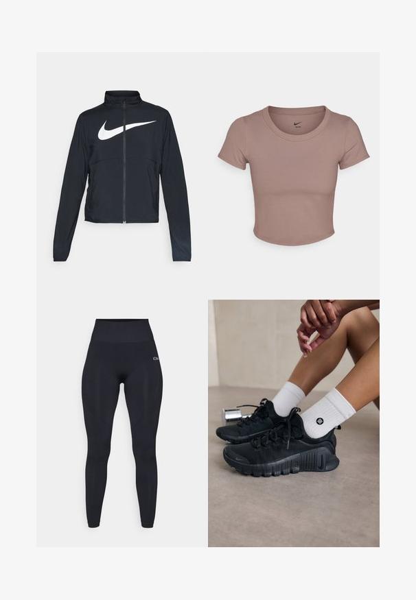 Musta urheilutakki, jossa on täysivetoketju, korkea kaulus, pitkät hihat ja suuri valkoinen Nike-tikkauksella rintaosa.; Ruskea lyhytripsinen t-paita, joka on valmistettu sileästä kankaasta. Paita on pyöreäkauluksinen ja siinä on lyhyet hihat. Nike-logo on painettuna kauluksen sisäpuolelle.; Korkeavyötäröiset mustat legginssit, joissa on sileä ja joustava kangas. Yläreunassa on logo ja sivuilla teksturoidut yksityiskohdat.; Mustat urheilukengät, joissa on teksturoitu kangas, nauhakiinnitys ja näyttävä pohja, yhdistettyinä valkoisiin ribbikuvioisiin sokkeihin, joissa on pieni logo.