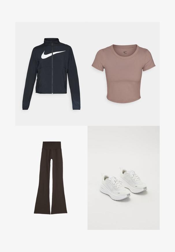 Zwarte sportjas met volledige rits, hoge kraag, lange mouwen en groot wit Nike swoosh-logo op de borst.; Bruine cropped t-shirt gemaakt van soepele stof, met een ronde halslijn en korte mouwen. Nike-logo gedrukt aan de binnenkant van de kraag.; Donkerbruine flared leggings met een brede, geribbelde tailleband. Gemaakt van zacht, elastisch materiaal, met een naadloos ontwerp en zonder zichtbare hardware.; Witte sportieve schoenen met een gestructureerde mesh bovenkant, een comfortabele zool en subtiele grijze accenten. Inclusief branding en een lus aan de hiel voor eenvoudig aan- en uittrekken.