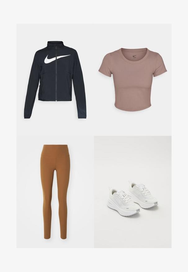 Casaco desportivo preto com fecho éclair completo, gola alta, mangas longas e grande logótipo branco da Nike na parte frontal.; T-shirt castanho cropped feito de tecido suave, com gola redonda e mangas curtas. Logo da Nike impresso na parte interna da gola.; Leggings castanhos feitos de um tecido elástico, com uma cintura alta e um design ajustado que afinam nos tornozelos. Textura suave, sem padrões.; Tênis atléticos brancos com um cabedal de malha texturizada, sola acolchoada e discretos detalhes em cinza. Inclui logótipo e aba de calcanhar em laço para facilitar o calçar.