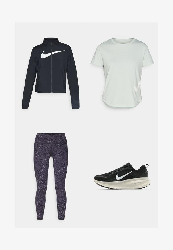 Casaco desportivo preto com fecho éclair completo, gola alta, mangas longas e grande logótipo branco da Nike na parte frontal.; Camisola atlética de manga curta verde-clara com decote redondo. Apresenta um logótipo da Nike em branco na parte da frente e uma bainha curva. Textura suave.; Leggings de estampa de leopardo em tons de roxo escuro com um design ajustado. Apresentam uma cintura larga e costuras planas para maior conforto.; Sapatilha de corrida Nike preta com parte superior de malha respirável, logotipo Swoosh branco, detalhes texturizados e uma entressola ZoomX na cor creme.