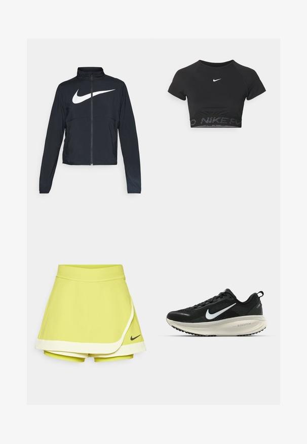 Musta urheilutakki, jossa on täysivetoketju, korkea kaulus, pitkät hihat ja suuri valkoinen Nike-tikkauksella rintaosa.; Musta lyhythihainen urheilu-toppi, jossa on valkoinen Nike-logo ja teksturoitu vyötärönauha, jossa on kuvioitu "NIKE"-teksti helman kohdalla.; Lime vihreä tennishelma, jossa on kiinnitetyt shortsit; sisältää kerroksellisen suunnittelun, mustan Nike-logon ja valkoisen reunuksen helmassa.; Mustat Nike-juoksukengät, joissa on hengittävä verkko-osa, valkoinen swoosh-logo, teksturoitu yksityiskohtaus ja kermaisen värinen ZoomX-välipohja.