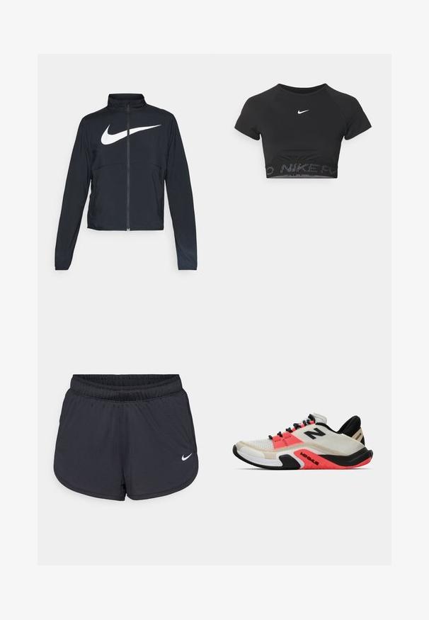Must musta täispikk vary hoodie kõrge krae, pikad varrukad ja suur valge Nike swooshi logo rinnal.; Mustas lühikeste varrukatega sportlik crop top, millel on valge Nike logo ja tekstuuriga riba, mille servas on mustriga "NIKE".; Mustad sportlikud lühikesed püksid elastse vöökohaga, millel on spordilik disain ja valge Nike logo alumisel esiküljel. Kootud kangas.; New Balance MINIMUS TR - Treeningjalatsid - sea salt