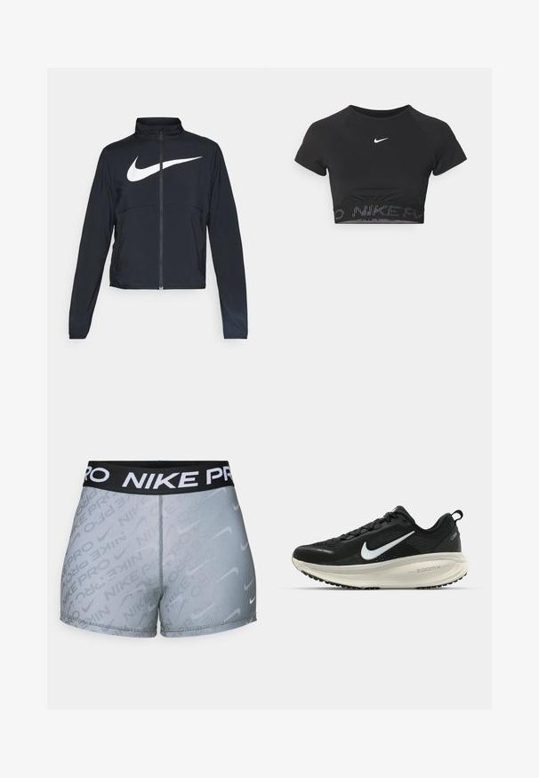 Giacca sportiva nera con zip completa, colletto alto, maniche lunghe e grande logo swoosh bianco Nike sul petto.; Top sportivo corto nero con maniche corte, caratterizzato da un logo Nike bianco e da un bordo testurizzato con la scritta "NIKE" in un motivo all'orlo.; Pantaloni Nike Pro con un elastico nero in vita con la scritta bianca "NIKE PRO", motivo a strisce grigie e design slim-fit.; Scarpa da corsa nera Nike con tomaia in rete traspirante, logo Swoosh bianco, dettagli testurizzati e intersuola ZoomX di colore crema.