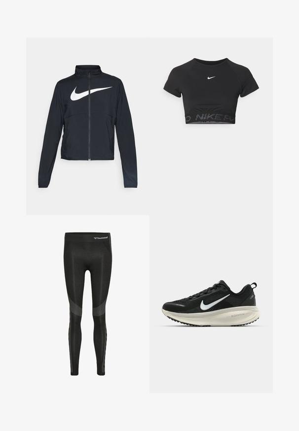 Schwarze Sportjacke mit vollem Reißverschluss, hohem Kragen, langen Ärmeln und großem weißen Nike-Swoosh-Logo auf der Brust.; Schwarzes, kurzes Sportoberteil mit kurzen Ärmeln, das ein weißes Nike-Logo und einen strukturierten Bund mit dem Muster "NIKE" am Saum aufweist.; Schwarze sportliche Leggings mit hohem Bund, strukturiertem Stoff und gestreiften Mustern an den Seiten für zusätzlichen Detailreichtum.; Schwarzer Nike-Laufschuh mit atmungsaktivem Mesh-Obermaterial, weißem Swoosh-Logo, strukturierten Details und einer cremefarbenen ZoomX-Zwischensohle.