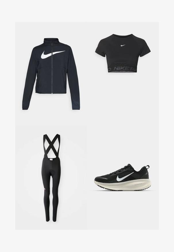 Musta urheilutakki, jossa on täysivetoketju, korkea kaulus, pitkät hihat ja suuri valkoinen Nike-tikkauksella rintaosa.; Musta lyhythihainen urheilu-toppi, jossa on valkoinen Nike-logo ja teksturoitu vyötärönauha, jossa on kuvioitu "NIKE"-teksti helman kohdalla.; Mustat pyöräilyhousut, joissa on pehmustettu istuin ja ristikkäiset olkaimet, esillä valkoista taustaa vasten.; Mustat Nike-juoksukengät, joissa on hengittävä verkko-osa, valkoinen swoosh-logo, teksturoitu yksityiskohtaus ja kermaisen värinen ZoomX-välipohja.