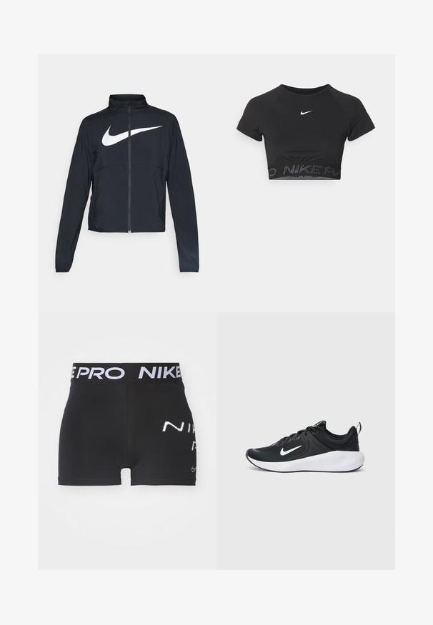 Black full-zip sports jacket with high collar, long sleeves, and large white Nike swoosh logo across the chest.; Black cropped sports top with short sleeves, featuring a white Nike logo and a textured band with "NIKE" in a pattern at the hem.; Black athletic shorts with a fitted design, elastic waistband labeled "NIKE PRO," and white branding on the side. Smooth texture, short length.; Black athletic shoe with a breathable fabric upper, white swoosh logo, smooth white midsole, and textured black outsole.