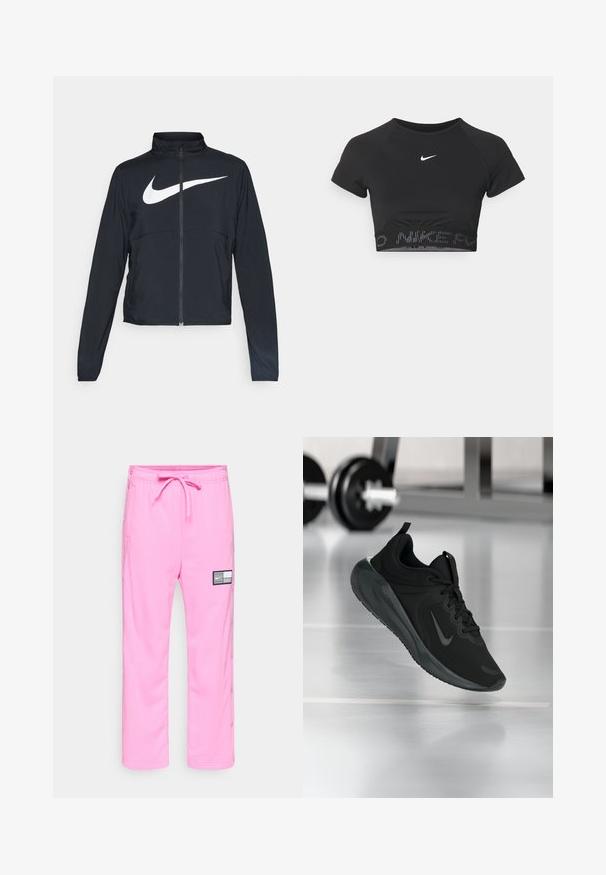 Jachetă sport neagră cu fermoar pe toată lungimea, guler înalt, mâneci lungi și un logo mare alb Nike swoosh pe piept.; Top sport negru crop cu mâneci scurte, având un logo alb Nike și o bandă texturată cu „NIKE” într-un model la tiv.; Pantaloni de trening roz Nike cu talie elastică, șnur de ajustare, buzunare laterale, nasturi tip snap pe părțile piciorului și o etichetă logo alb-negru pe coapsă.; Tenisii sport negru cu logo-ul Nike, arătați în aer deasupra podelei de sală de sport, cu un suport pentru haltere neclar în fundal.