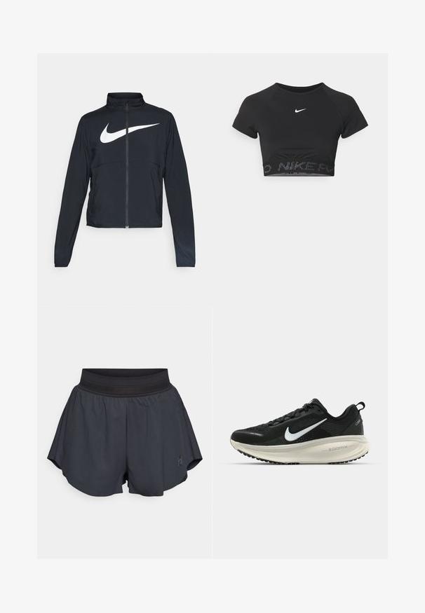 Chaqueta deportiva negra de cremallera completa con cuello alto, mangas largas y gran logo de Nike en blanco en el pecho.; Top deportivo negro cortado con mangas cortas, que presenta un logo de Nike en blanco y una banda texturizada con "NIKE" en un patrón en el dobladillo.; Pantalones cortos deportivos negros con una suave cinturilla elástica, corte holgado, ligeros pliegues en los laterales y un pequeño logo en la parte inferior frontal.; Zapatilla de running Nike negra con parte superior de malla transpirable, logo Swoosh blanco, detalles texturizados y una entresuela ZoomX de color crema.