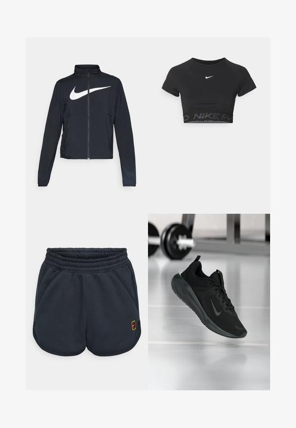 Fekete, teljes cipzáros sportdzseki magas gallérral, hosszú ujjal, amelyen egy nagy, fehér Nike logó található a mellkason.; Fekete, rövid ujjú, crop sporttop, fehér Nike logóval és texturált pánttal, amelyen a "NIKE" felirat mintázatban szerepel az aljában.; Sötét szürke sportnadrág puha szövetből, rugalmas derékkal, oldalsó zsebekkel és egy kis színes logóval az alján.; Fekete sportcipő Nike logóval, amely a levegőben látható az edzőterem padlóján, a háttérben elmosódott kézi súlyzó állvánnyal.