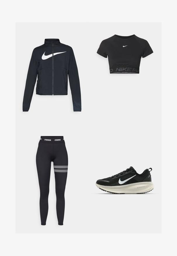 Black full-zip sports jacket with high collar, long sleeves, and large white Nike swoosh logo across the chest.; Black cropped sports top with short sleeves, featuring a white Nike logo and a textured band with "NIKE" in a pattern at the hem.; Black leggings with a high waist, featuring a white "STRONGER" logo on the waistband and mesh accents in horizontal stripes on the thigh.; Black Nike running shoe with breathable mesh upper, white swoosh logo, textured detailing, and a cream-colored ZoomX midsole.