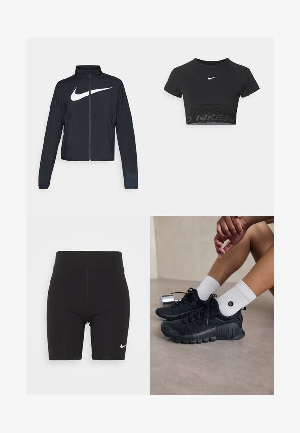 Black full-zip sports jacket with high collar, long sleeves, and large white Nike swoosh logo across the chest.; Black cropped sports top with short sleeves, featuring a white Nike logo and a textured band with "NIKE" in a pattern at the hem.; Black bike shorts made of stretchy fabric, featuring a high waistband and visible stitching. Includes a small silver Nike logo on the leg.; Black athletic shoes with textured fabric, laced design, and a prominent sole, paired with white ribbed socks featuring a small logo.
