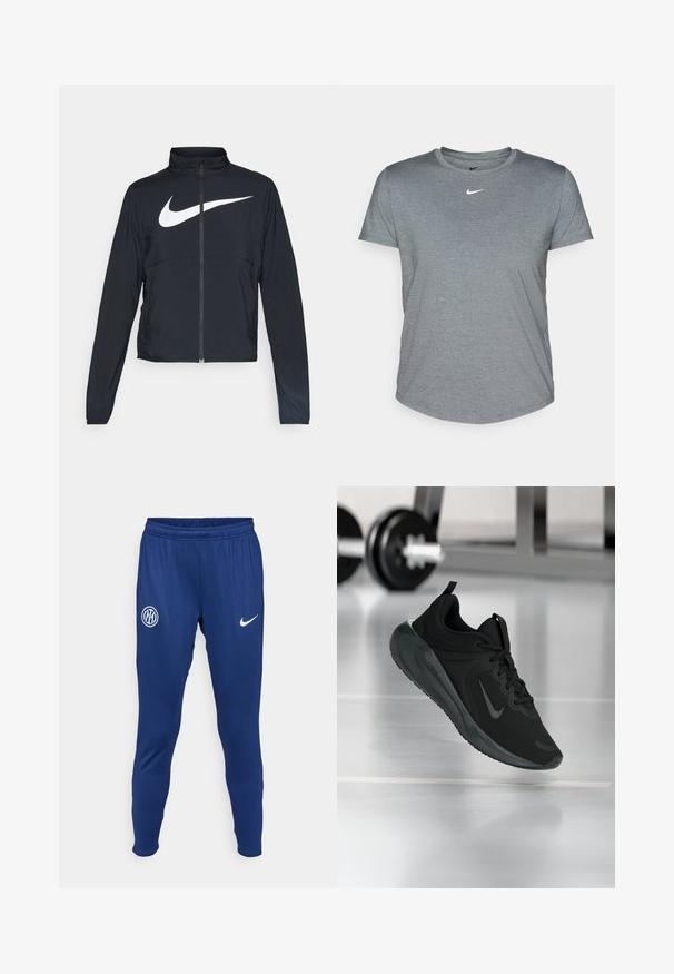 Črna športna jakna z polnim zadrgo, visokim ovratnikom, dolgimi rokavi in velikim belim logotipom Nike swoosh čez prsi.; Siva kratka majica s kratkimi rokavi Nike z okroglim izrezom in belim logotipom na prsih. Narejena iz lahkega, strukturiranega materiala.; Temno modri športni hlače iz gladkega materiala. Imajo bel Nike logotip in okroglo ekipo emblema na levi stegn. Elastičen pas.; Črne športne teniske z logotipom Nike, prikazane v zraku na telovadni talni površini, v ozadju pa zamegljena vrsta uteži.