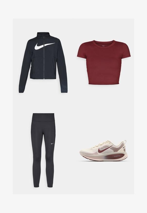 Casaco desportivo preto com fecho éclair completo, gola alta, mangas longas e grande logótipo branco da Nike na parte frontal.; Top cropped às mangas curtas em bordo, feito de tecido suave com decote redondo. Design minimalista, sem logótipos ou padrões visíveis.; Leggings pretos feitos de tecido elástico, com uma cintura alta e um logo branco da Nike na coxa esquerda. Textura suave, design ajustado ao corpo.; Nike Performance VOMERO 18 - Sapatos para corrida em estrada - pale ivory/dark team red/red sepia/silt red/phantom
