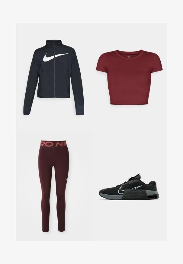 Crna sportska jakna s punim patentnim zatvaračem, visokim ovratnikom, dugim rukavima i velikim bijelim Nike swoosh logom preko grudi.; Bordo kratki crop top s kratkim rukavima napravljen od glatkog materijala s okruglim izrezom. Minimalistički dizajn, bez vidljivih logotipa ili uzoraka.; Ljubičaste atletske tajice s visokim strukom, koje imaju crveni logo. Izrađene su od glatkog, rastezljivog materijala s prilagođenim dizajnom.; Crna atletska tenisica s mrežastim gornjim dijelom, sivim detaljima i teksturiranim međuslojem. Ima istaknuti logo i dizajn s vezicama. Gumeni potplat za prianjanje.