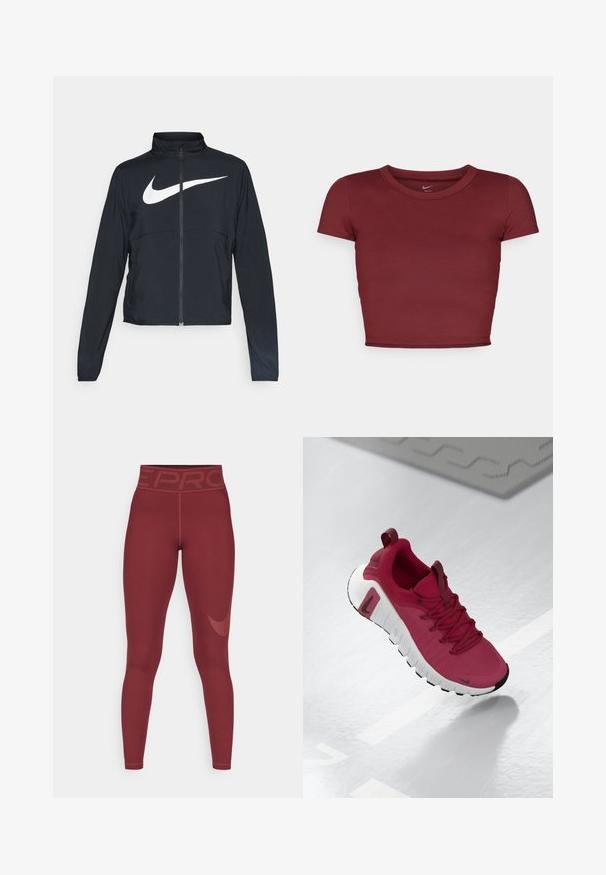 Jachetă sport neagră cu fermoar pe toată lungimea, guler înalt, mâneci lungi și un logo mare alb Nike swoosh pe piept.; Top scurt, cu mânecă scurtă, de culoare burgundă, realizat dintr-un material neted, cu decolteu rotund. Design minimalist, fără logo-uri sau modele vizibile.; Leggings vișinii cu talie înaltă, prezentând branding-ul "PRO". Fabricate dintr-un material elastic, au o textură netedă și un logo subtil pe lateral.; Pantof sport roșu, cu un uppers texturat, șireturi și o talpă groasă albă. Prezintă un vârf negru contrastant și un logo pe lateral.