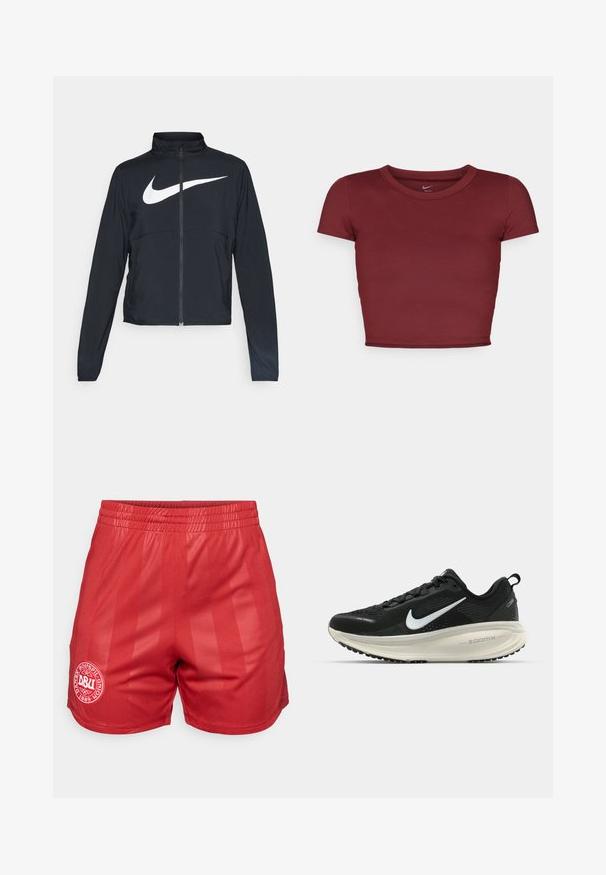 Jachetă sport neagră cu fermoar pe toată lungimea, guler înalt, mâneci lungi și un logo mare alb Nike swoosh pe piept.; Top scurt, cu mânecă scurtă, de culoare burgundă, realizat dintr-un material neted, cu decolteu rotund. Design minimalist, fără logo-uri sau modele vizibile.; Shorts atletici roșii cu talie elastică, având o textură netedă și un model cu dungi verticale; includ un logo alb circular pe lateral.; Pantofii de alergare negri de la Nike, cu parte superioară din plasă respirabilă, logo-ul alb Swoosh, detalii texturate și o talpă intermediară ZoomX de culoare crem.