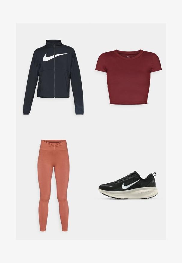 Casaco desportivo preto com fecho éclair completo, gola alta, mangas longas e grande logótipo branco da Nike na parte frontal.; Top cropped às mangas curtas em bordo, feito de tecido suave com decote redondo. Design minimalista, sem logótipos ou padrões visíveis.; Leggings de cor ferrugem com um design ajustado, cintura alta e um detalhe franzido na parte frontal central. Feitas de um tecido elástico.; Sapatilha de corrida Nike preta com parte superior de malha respirável, logotipo Swoosh branco, detalhes texturizados e uma entressola ZoomX na cor creme.