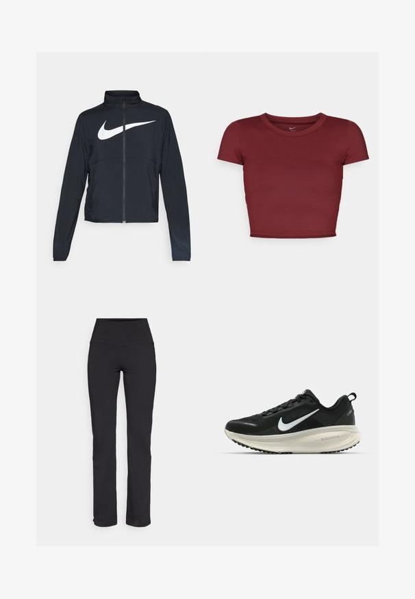 Fekete, teljes cipzáros sportdzseki magas gallérral, hosszú ujjal, amelyen egy nagy, fehér Nike logó található a mellkason.; Bordó, rövid ujjú, sima anyagból készült crop top, kerek nyakkal. Minimalista dizájn, látható logók vagy minták nélkül.; Fekete leggings magas derékkal, rugalmas anyagból, sima felszínnel és egyenes nadrágszárral. Nincs látható minta vagy díszítés.; Fekete Nike futócipő légáteresztő hálós felsőrésszel, fehér Swoosh logóval, textúrázott részletekkel és krém színű ZoomX középtalppal.