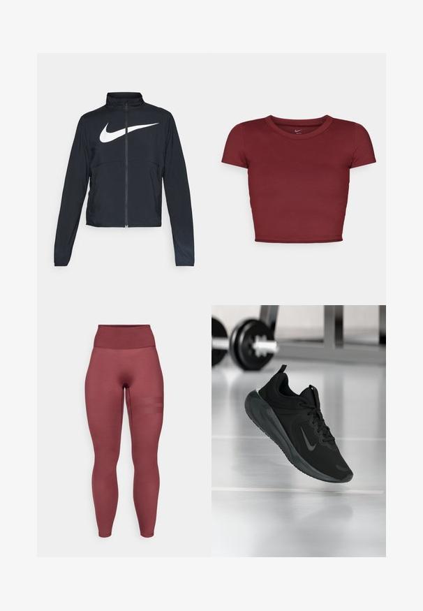 Jachetă sport neagră cu fermoar pe toată lungimea, guler înalt, mâneci lungi și un logo mare alb Nike swoosh pe piept.; Top scurt, cu mânecă scurtă, de culoare burgundă, realizat dintr-un material neted, cu decolteu rotund. Design minimalist, fără logo-uri sau modele vizibile.; Colanți în nuanța vinului, cu talie înaltă, realizați dintr-un material elastic. Au o textură netedă și trei dungi orizontale din plasă pe coapsă.; Tenisii sport negru cu logo-ul Nike, arătați în aer deasupra podelei de sală de sport, cu un suport pentru haltere neclar în fundal.