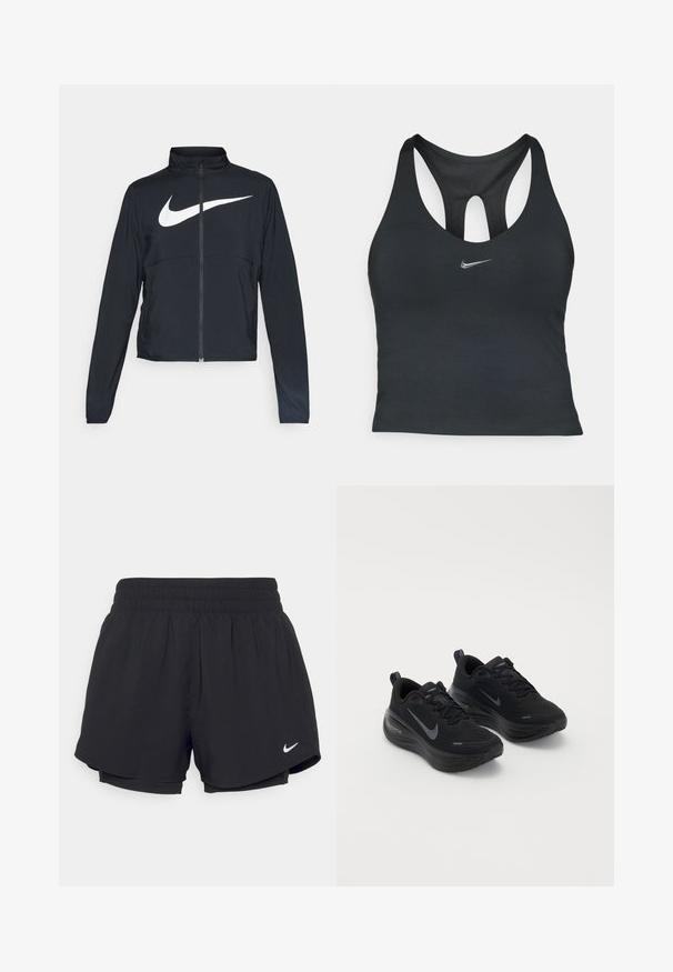 Chaqueta deportiva negra de cremallera completa con cuello alto, mangas largas y gran logo de Nike en blanco en el pecho.; Top atlético negro sin mangas con un diseño de espalda nadadora, que presenta un panel de malla y un pequeño logo de Nike en plata en el frente.; Pantalones cortos deportivos negros con cintura elástica fruncida, forro interior y logo blanco de Nike en la parte inferior izquierda. Tejido suave y ligero.; Zapatillas deportivas negras con un upper texturizado, diseño con cordones y una suela gruesa y acolchada. Presenta un logo de Nike gris a cada lado.
