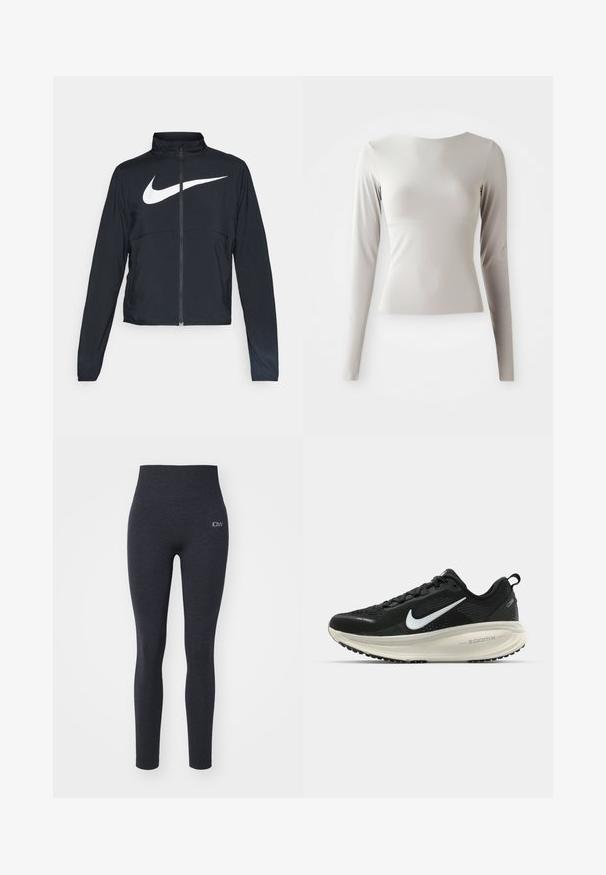 Svart joggebund med hel glidelås, høy krage, lange ermer og stort hvitt Nike swoosh-logo over brystet.; Lys grå langermet topp laget av glatt, myk stoff med rund hals og en tettsittende silhuett. Nederkant er litt utsvingt nederst.; Høytlivede, mørkegrå leggings laget av elastisk stoff med glatt tekstur; har en liten logo på venstre side.; Svart Nike løpesko med pustende mesh-overdel, hvit swoosh-logo, teksturert detaljer og en kremfarget ZoomX mellomsåle.