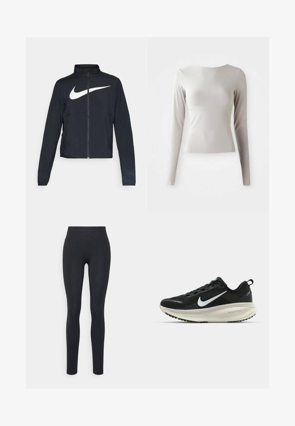 Black full-zip sports jacket with high collar, long sleeves, and large white Nike swoosh logo across the chest.; Light grey long-sleeve top made of sleek, smooth fabric with a round neckline and a fitted silhouette. Hem is slightly flared at the bottom.; Black leggings with a high waistband, featuring a smooth texture and a form-fitting design. No visible patterns or hardware details.; Black Nike running shoe with breathable mesh upper, white swoosh logo, textured detailing, and a cream-colored ZoomX midsole.