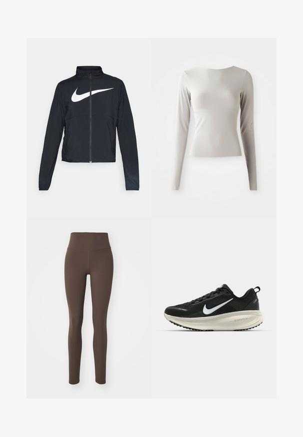Casaco desportivo preto com fecho éclair completo, gola alta, mangas longas e grande logótipo branco da Nike na parte frontal.; Camisola de manga longa em cinza claro, feita de um tecido liso e suave, com decote redondo e uma silhueta ajustada. A bainha é ligeiramente alargada na parte inferior.; Nike Performance ONE - Leggings - ironstone/black; Sapatilha de corrida Nike preta com parte superior de malha respirável, logotipo Swoosh branco, detalhes texturizados e uma entressola ZoomX na cor creme.