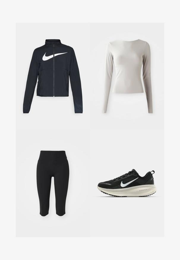 Schwarze Sportjacke mit vollem Reißverschluss, hohem Kragen, langen Ärmeln und großem weißen Nike-Swoosh-Logo auf der Brust.; Helles graues Langarmoberteil aus glattem, geschmeidigem Stoff mit Rundhalsausschnitt und figurbetonter Silhouette. Der Saum ist am Boden leicht ausgestellt.; Schwarze Capri-Leggings mit hohem Bund, aus glattem, dehnbarem Stoff. Einfaches Design ohne sichtbare Hardware oder Muster.; Schwarzer Nike-Laufschuh mit atmungsaktivem Mesh-Obermaterial, weißem Swoosh-Logo, strukturierten Details und einer cremefarbenen ZoomX-Zwischensohle.