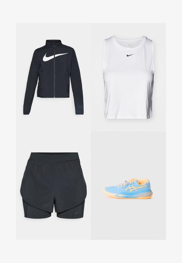 Veste de sport noire zippée sur toute la longueur avec un col haut, des manches longues et un grand logo Nike swoosh blanc sur la poitrine.; Haut de sport sans manches blanc en tissu lisse, avec un col rond et un petit logo Nike noir sur la poitrine.; Shorts de sport noirs avec un design superposé, présentant une couche extérieure lisse et des shorts intérieurs ajustés. Fabriqués en tissu léger et extensible.; Baskets de sport bleu clair avec des accents orange ; tige en maille, bout rond et semelle texturée pour l'adhérence. Présente des détails de marque et des lacets.