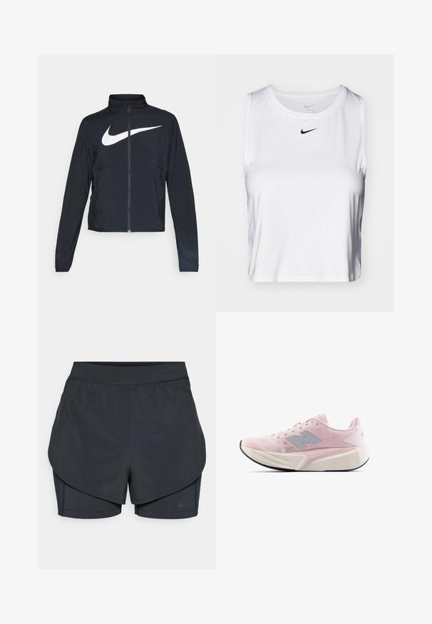 Black full-zip sports jacket with high collar, long sleeves, and large white Nike swoosh logo across the chest.; White sleeveless athletic top made of smooth fabric, featuring a round neckline and a small black Nike logo on the chest.; Black athletic shorts with a layered design, featuring a smooth outer layer and fitted inner shorts. Made of lightweight, stretch fabric.; Light pink running shoes with textured mesh upper, grey accents, thick white midsole, and flexible black outsole. Features padded collar and tongue.