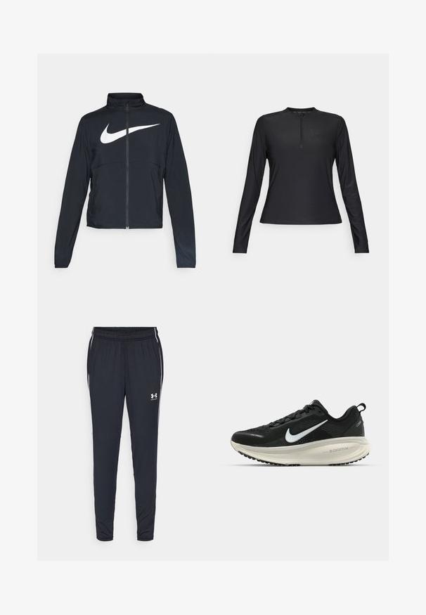 Zwarte sportjas met volledige rits, hoge kraag, lange mouwen en groot wit Nike swoosh-logo op de borst.; Zwarte langemouwen shirt gemaakt van glad, lichtgewicht materiaal. Bevat een ritskraag en een subtiel logo op de borst.; Zwarte sportbroeken van een lichte stof, met een taps toelopend ontwerp, elastische tailleband en witte zijstrips met een logo.; Zwarte Nike hardloopschoen met ademend mesh bovenwerk, witte swoosh-logo, gestructureerde details en een crèmekleurige ZoomX middenzool.
