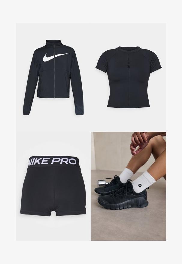 Giacca sportiva nera con zip completa, colletto alto, maniche lunghe e grande logo swoosh bianco Nike sul petto.; Top nero a maniche corte con scollo alto, dettaglio con bottoni sul davanti, realizzato in tessuto elasticizzato, con maniche raglan e cuciture piatte.; Pantaloni sportivi neri con una larga vita nera con la scritta "NIKE PRO" in bianco. Il tessuto è liscio e elastico e si notano le finiture dei lembi.; Scarpe da ginnastica nere con tessuto texturizzato, design con lacci e suola prominente, abbinate a calze bianche a coste con un piccolo logo.