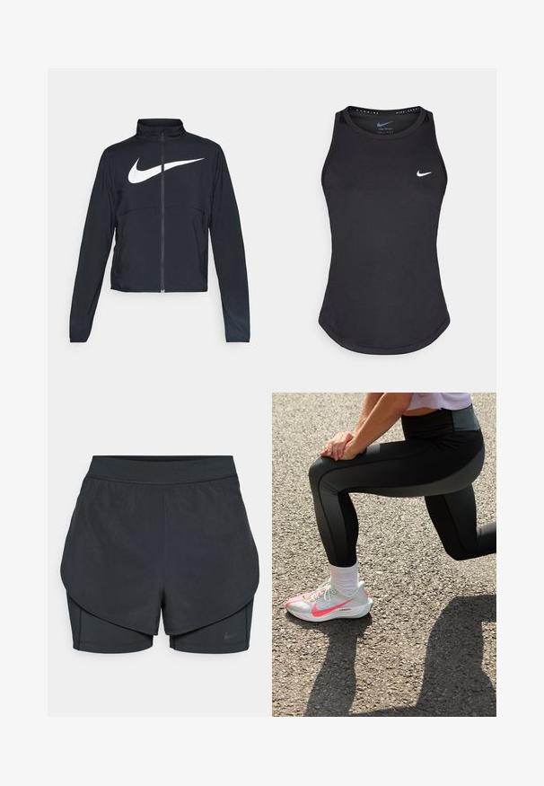 Giacca sportiva nera con zip completa, colletto alto, maniche lunghe e grande logo swoosh bianco Nike sul petto.; Top sportivo nero realizzato in materiale traspirante. Presenta un colletto rotondo, una vestibilità slim e il logo Nike bianco sul petto.; Shorts sportivi neri con un design a strati, caratterizzati da uno strato esterno morbido e da pantaloni interni aderenti. Realizzati in tessuto leggero e elasticizzato.; Nike Performance PEGASUS PLUS - Scarpe da corsa su strada - barely grey/hot punch/white/black