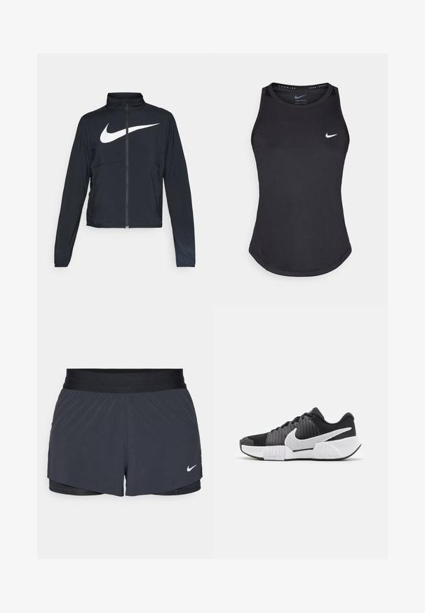 Giacca sportiva nera con zip completa, colletto alto, maniche lunghe e grande logo swoosh bianco Nike sul petto.; Top sportivo nero realizzato in materiale traspirante. Presenta un colletto rotondo, una vestibilità slim e il logo Nike bianco sul petto.; Pantaloni sportivi neri con vita elastica, caratterizzati da un design a strati e un piccolo logo Nike bianco in basso a sinistra. Materiale leggero.; Scarpe sportive in bianco e nero con una parte superiore testurizzata, un prominente swoosh Nike e un design della suola a contrasto per una migliore aderenza e stabilità.